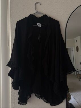 Women's Black Ruffled Open Cardigan Sweater Bon Worth Penny Lane L XL loose